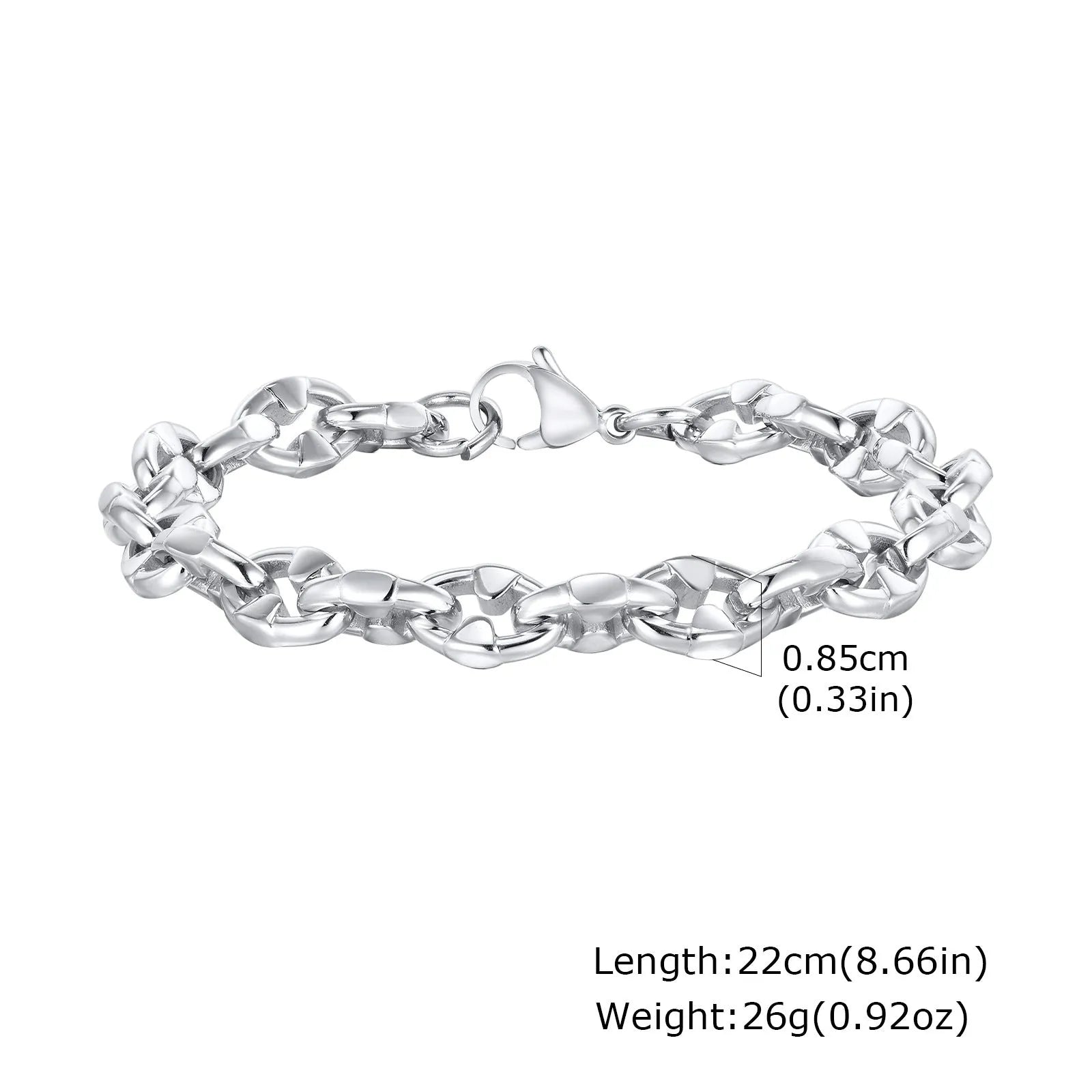 A thick stainless steel chain bracelet with geometric links, shown in a steel colour.