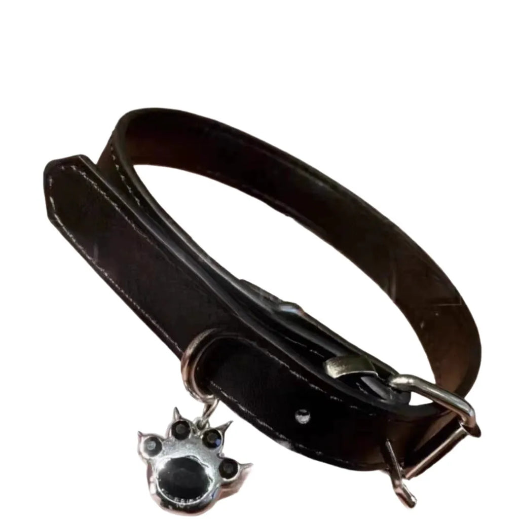 Black mixed material collar chain necklace with adjustable perimeter showing three designs: LD leather, cute bone, and cat's paw collars.