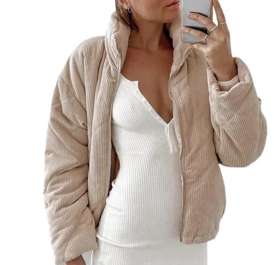 Women's apricot corduroy wadded jacket with stand collar and full-length front zipper.