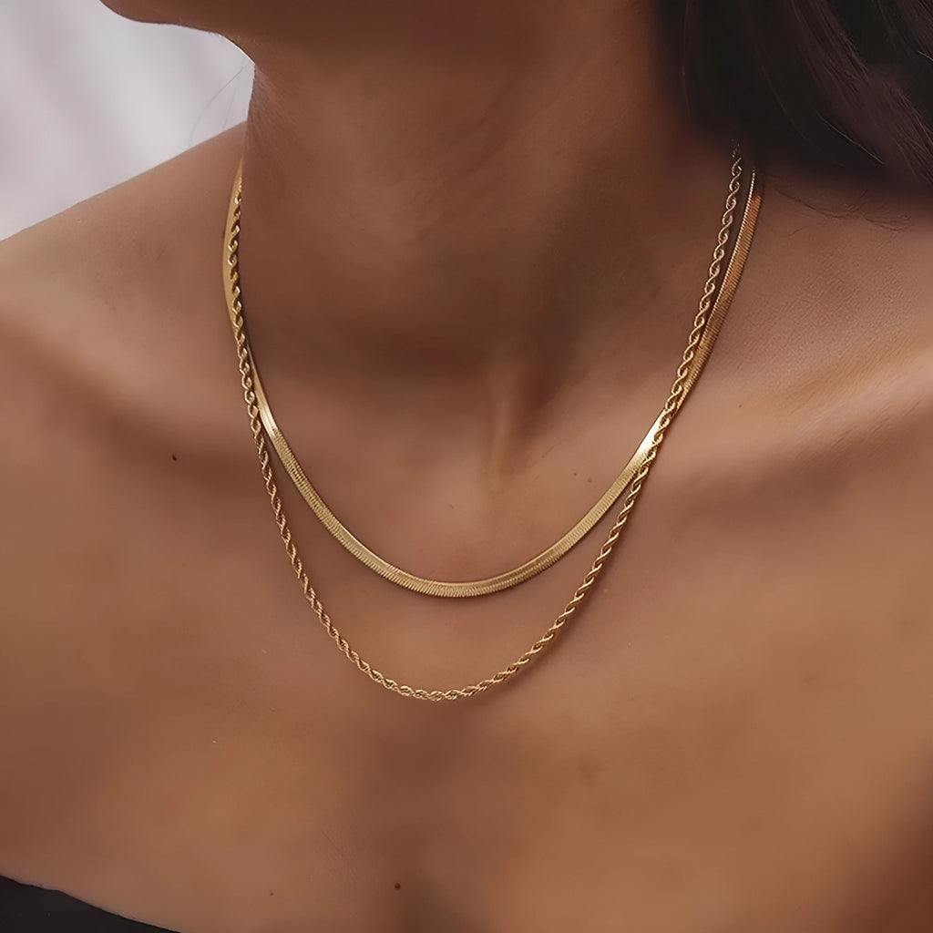Women's retro geometric double-layer twist necklace on an adjustable snake bones chain.