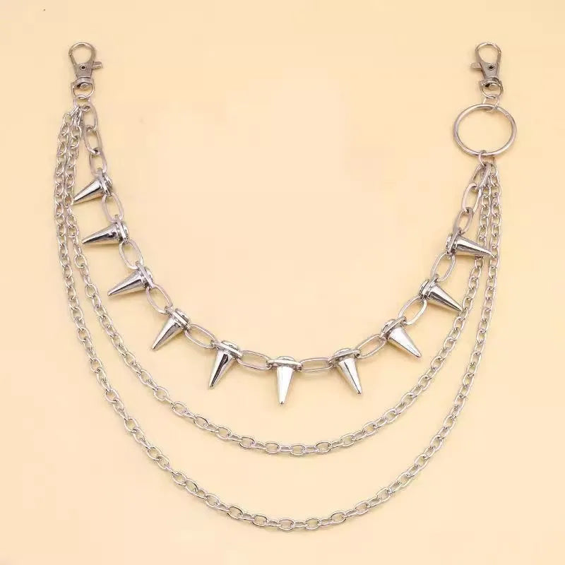 Silver metal punk pants chain with double layer rivet design measuring 115 cm
