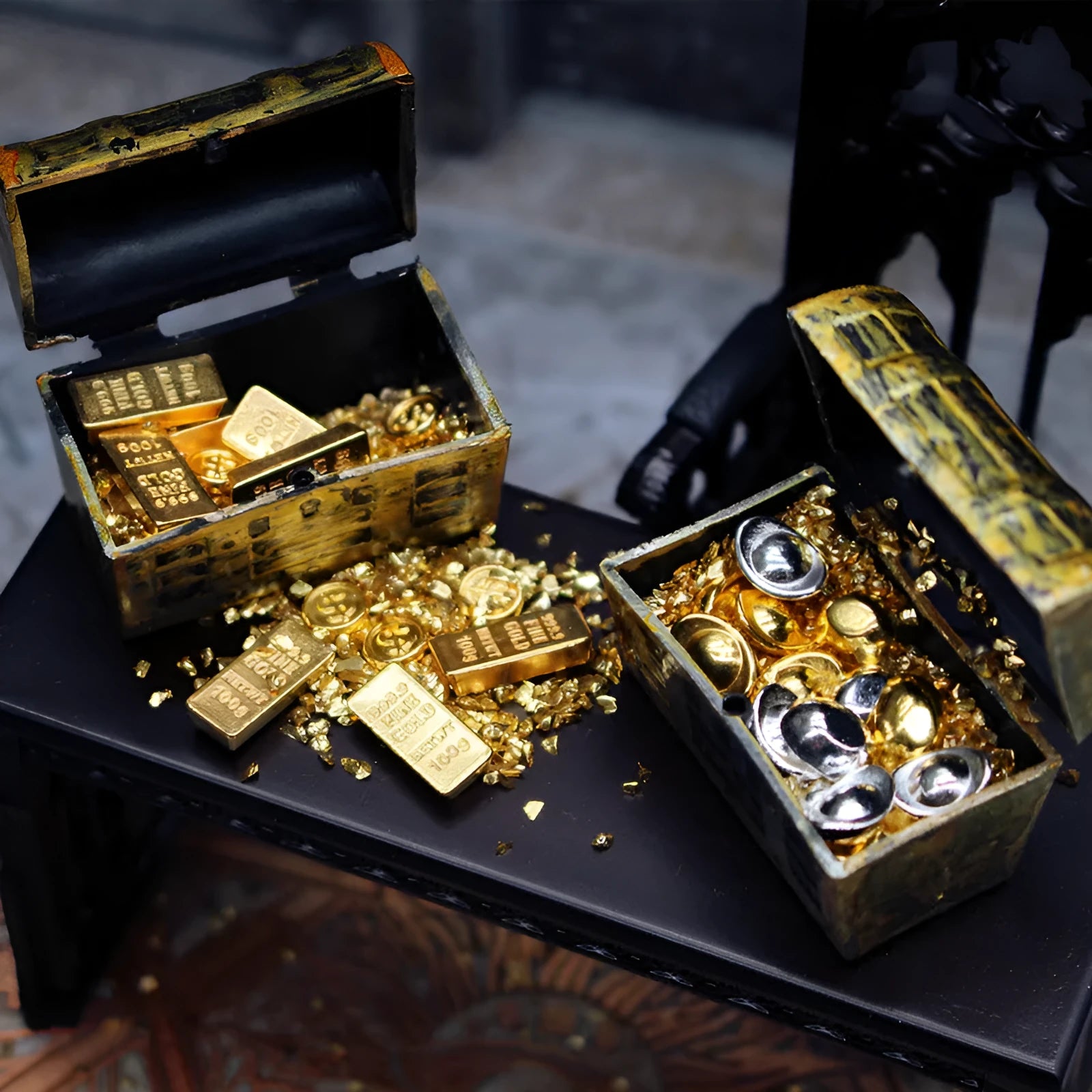 Alloy gold coin treasure box and gold bar doll house accessory set.