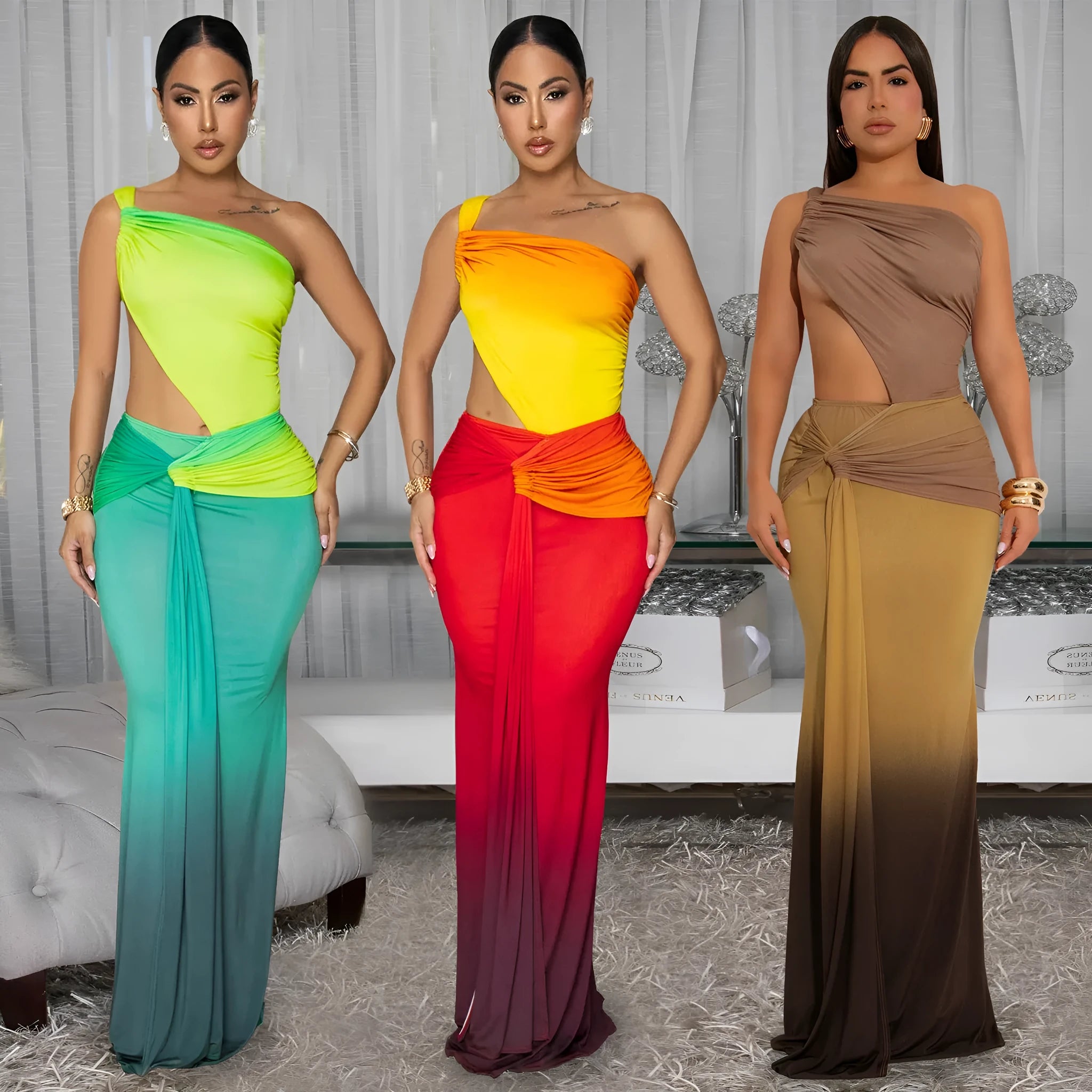 Brown gradient sleeveless dress with cross-shoulder straps and a long skirt on a model.