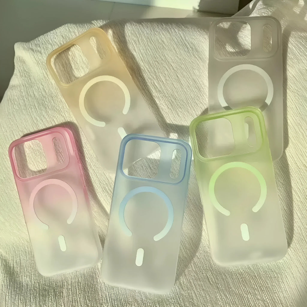 Gradient coloured frosted magnetic suction case for iPhone on a table