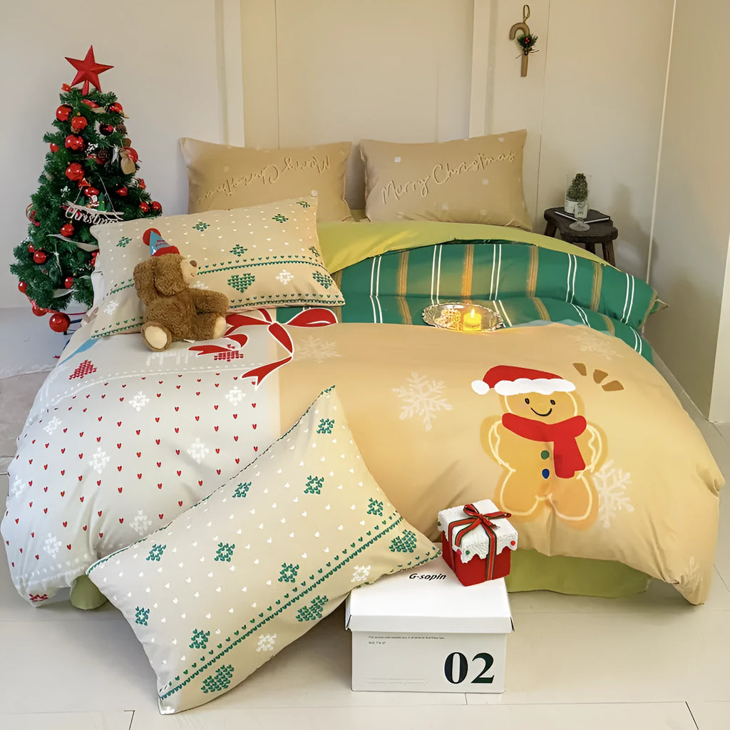 Christmas bedding four-piece set with soft washed cotton texture and colourful cartoon prints.