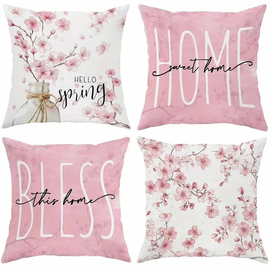 Short velvet cushion cover with spring cherry blossom and letter design, 45x45cm.