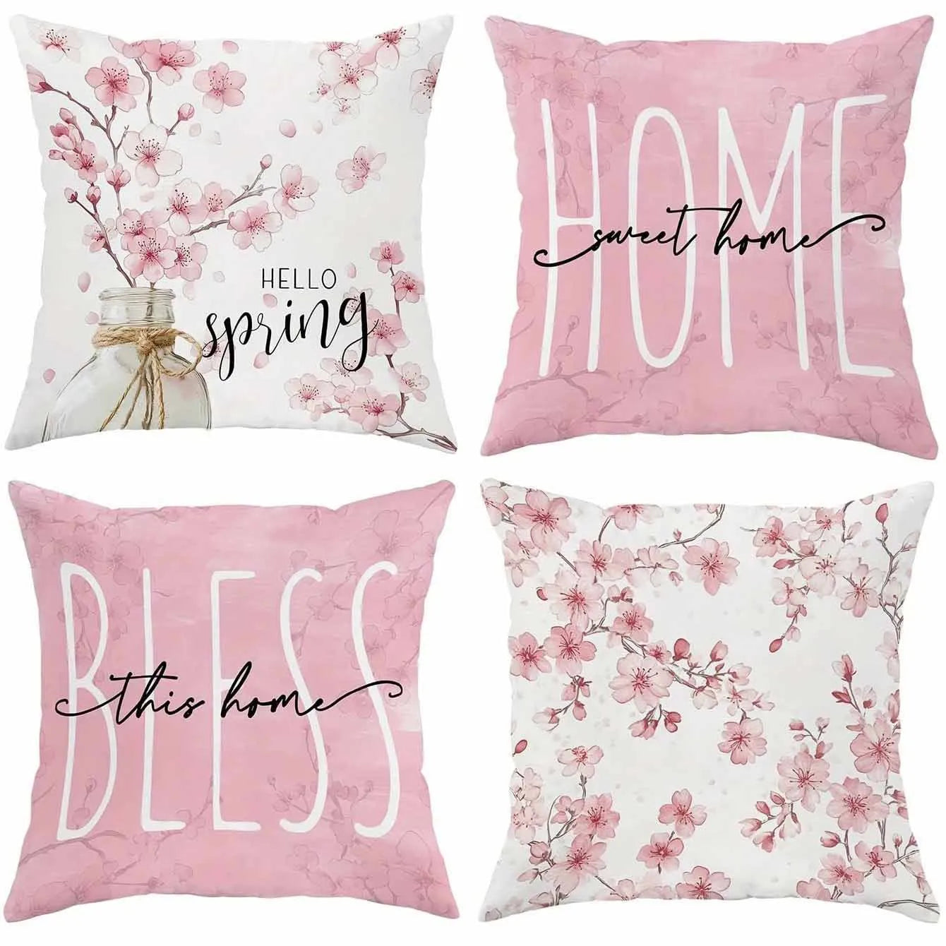 Short velvet cushion cover with spring cherry blossom and letter design, 45x45cm.