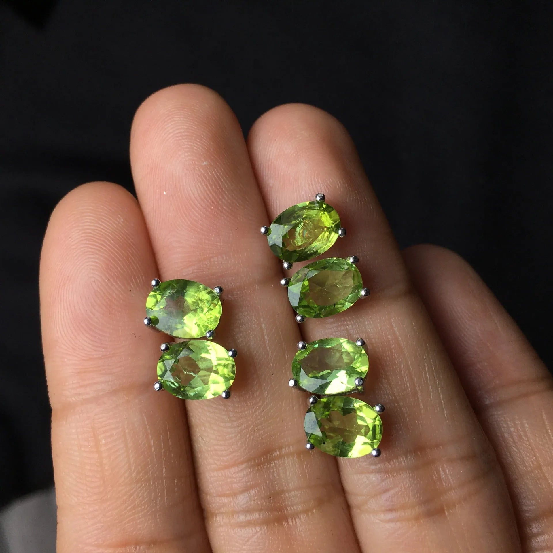 Natural grass green olivine stud earrings in S925 sterling silver geometric setting.
