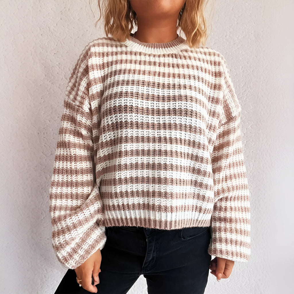 Women's loose vintage stripe knitted pullover sweater in red.