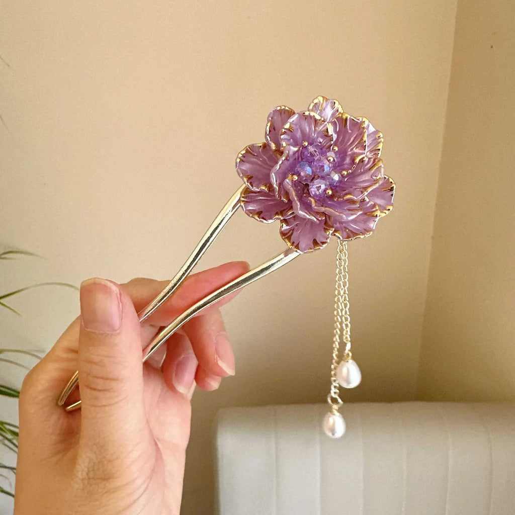 Purple and white retro peony flower U-shaped hairpin with tassel detail on alloy base