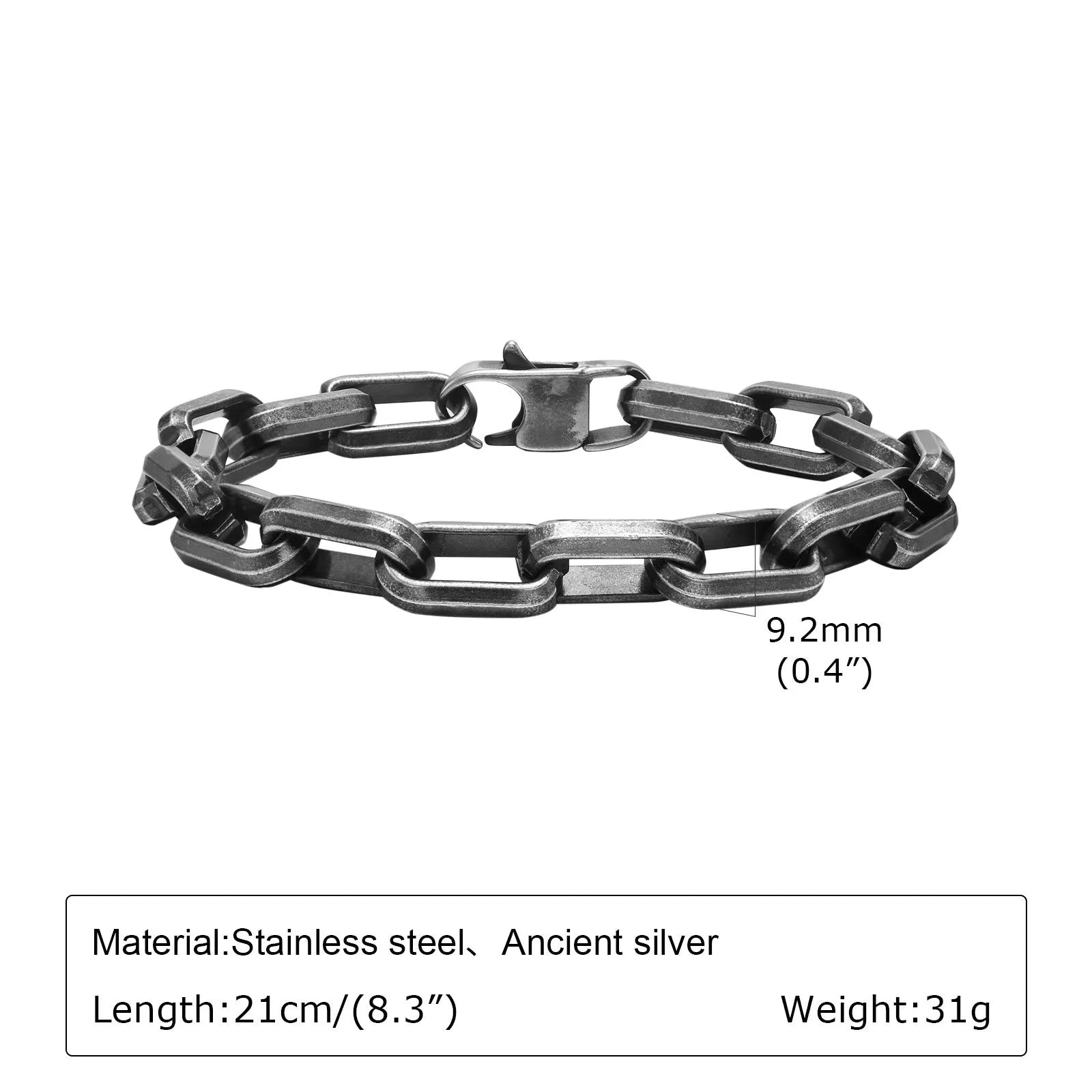 Men's square chain titanium stainless steel bracelet in black, gold, steel, and retro colours.