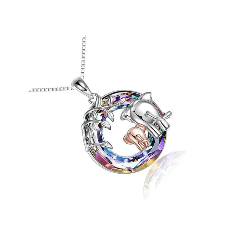 Women's animal-shaped necklace with diamond and Saturn charm on adjustable chain in platinum colour