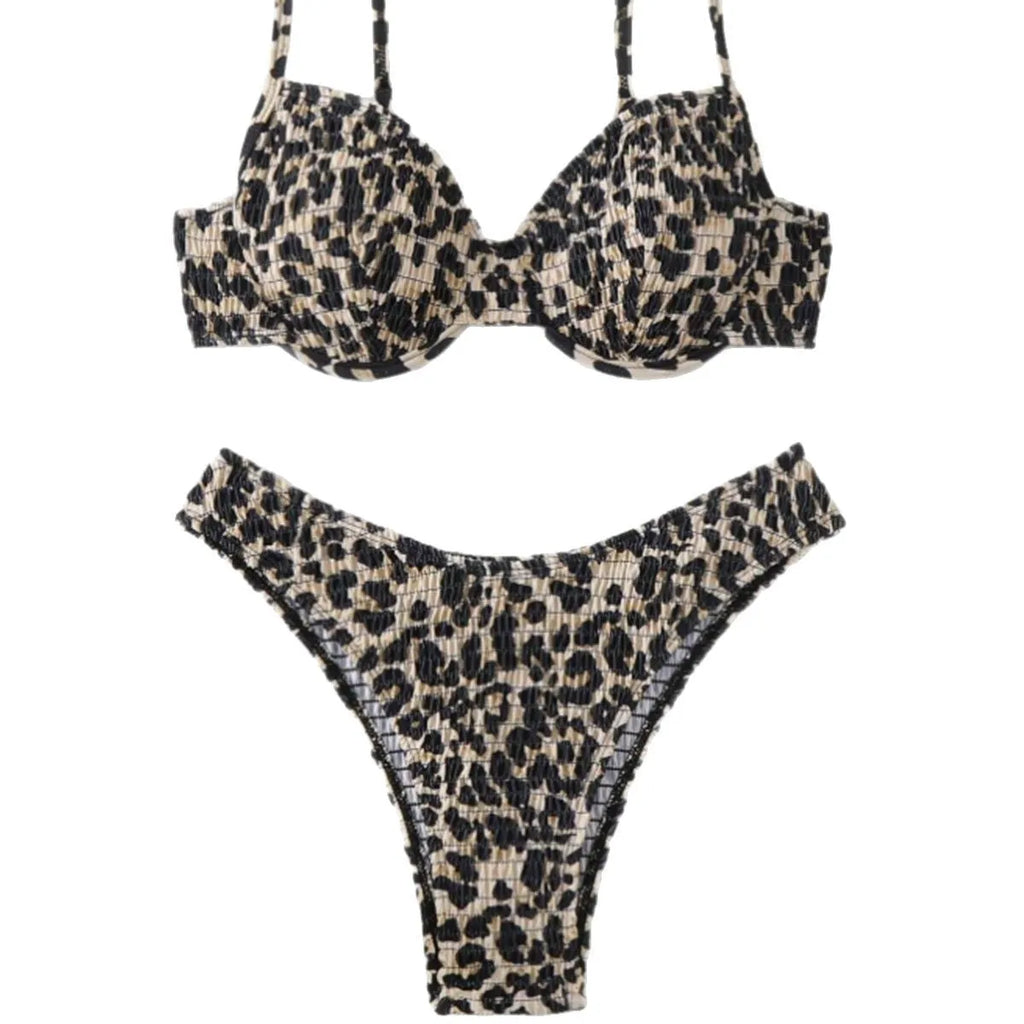 Women's leopard print backless bikini swimsuit in brown mixed colour