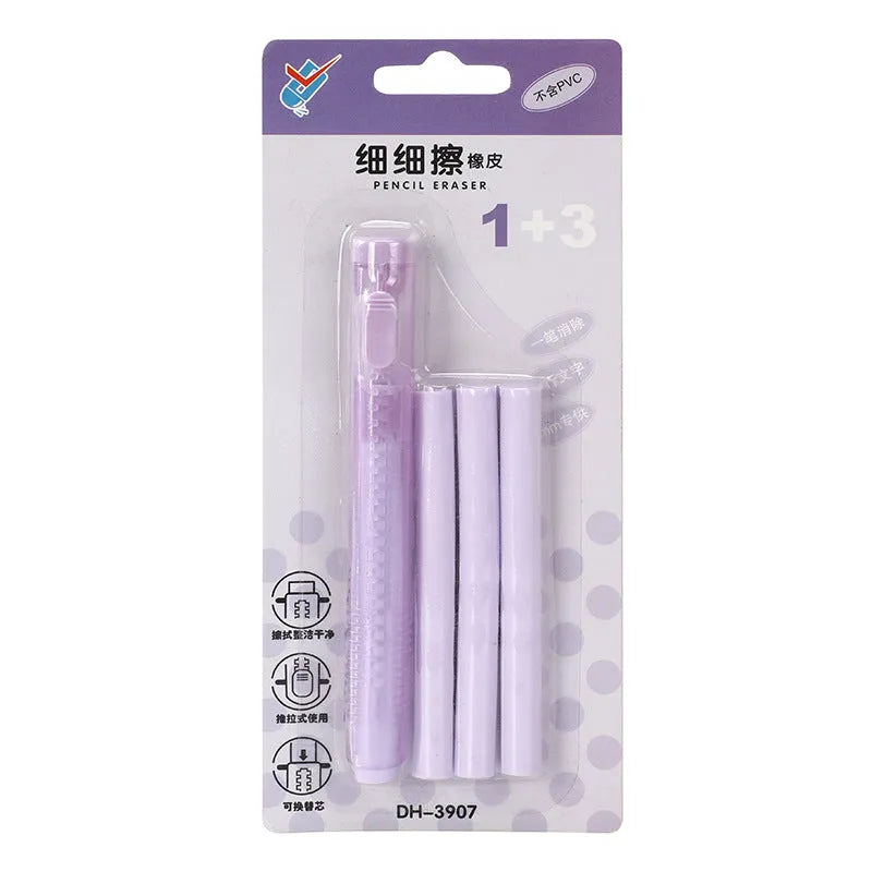 Push type automatic eraser in blue, green, pink, purple colours measuring 12cm by 8cm