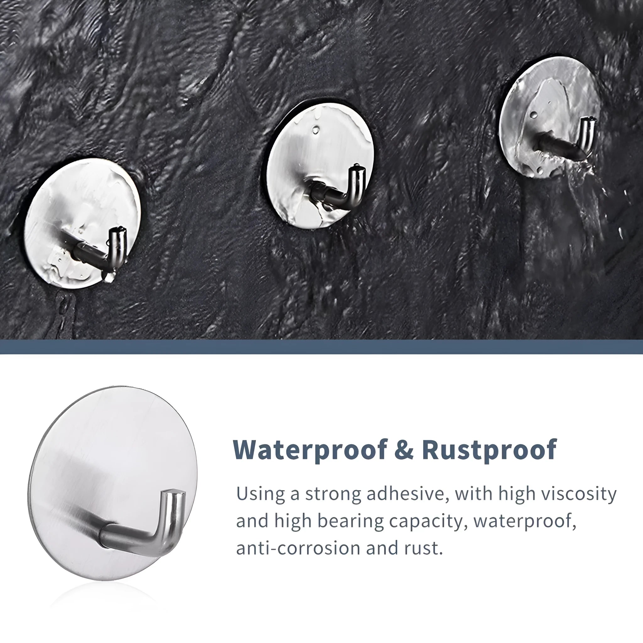 Black and polished stainless steel self-adhesive hooks for wall mounting