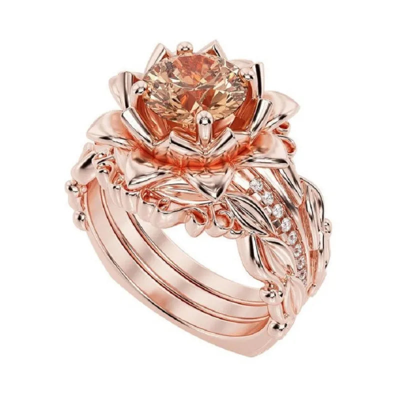 Geometric flower design women's ring with rose inlaid zircon in choice of rose gold, black pink diamond, or multi-colour rhinestone finish.