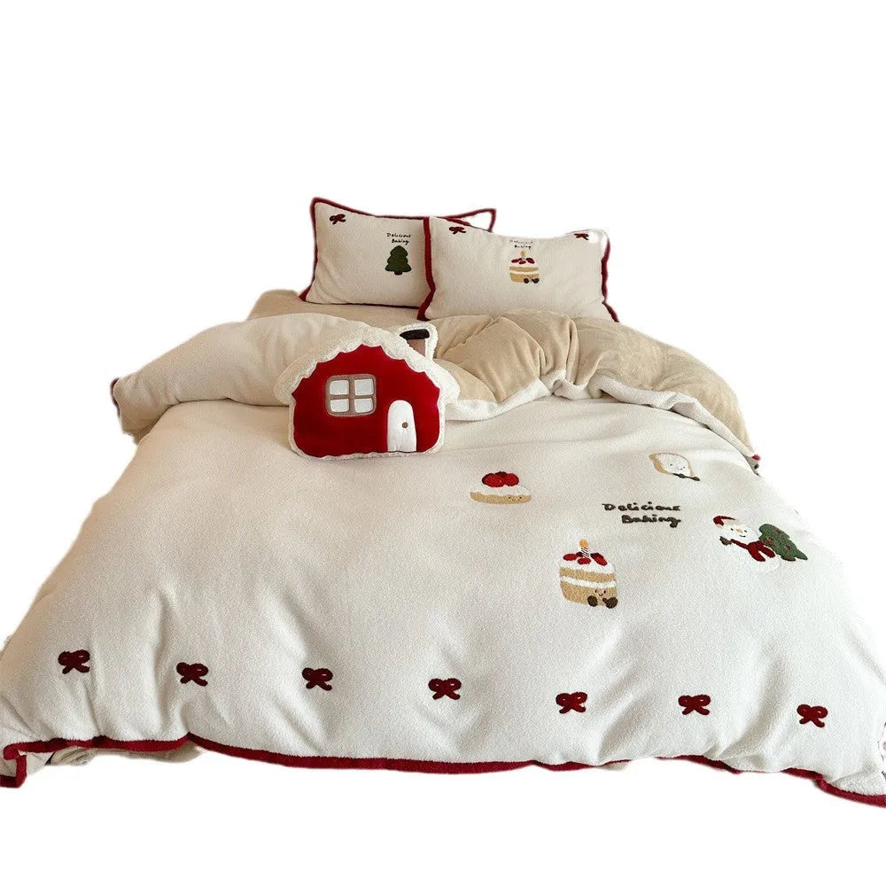 Girl's winter Christmas cartoon pattern bedding four-piece set showing duvet cover, sheet, and pillowcases