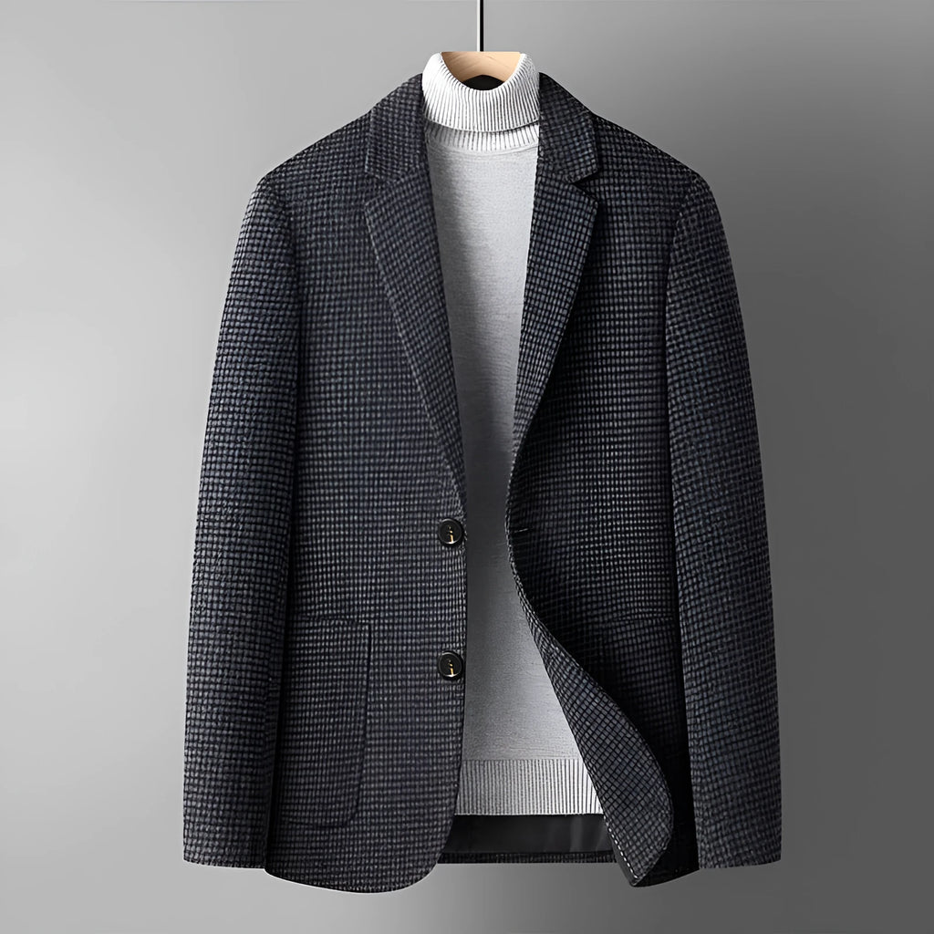 Slim fit men's wool suit jacket in grey, shown on a hanger.