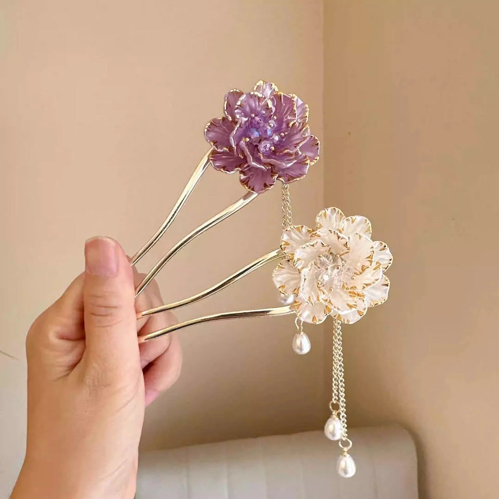 Purple and white retro peony flower U-shaped hairpin with tassel detail on alloy base