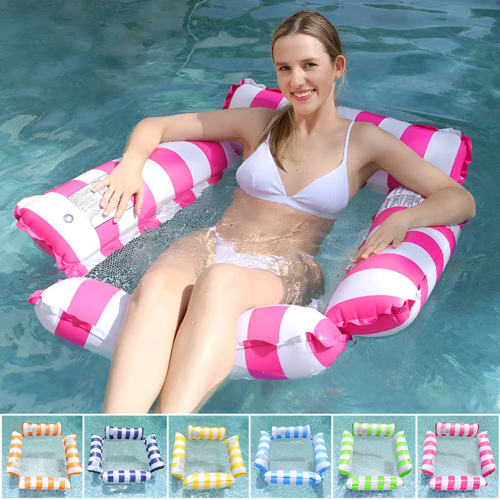 Inflatable four-tube striped deck chair floating on water showing light blue colour option