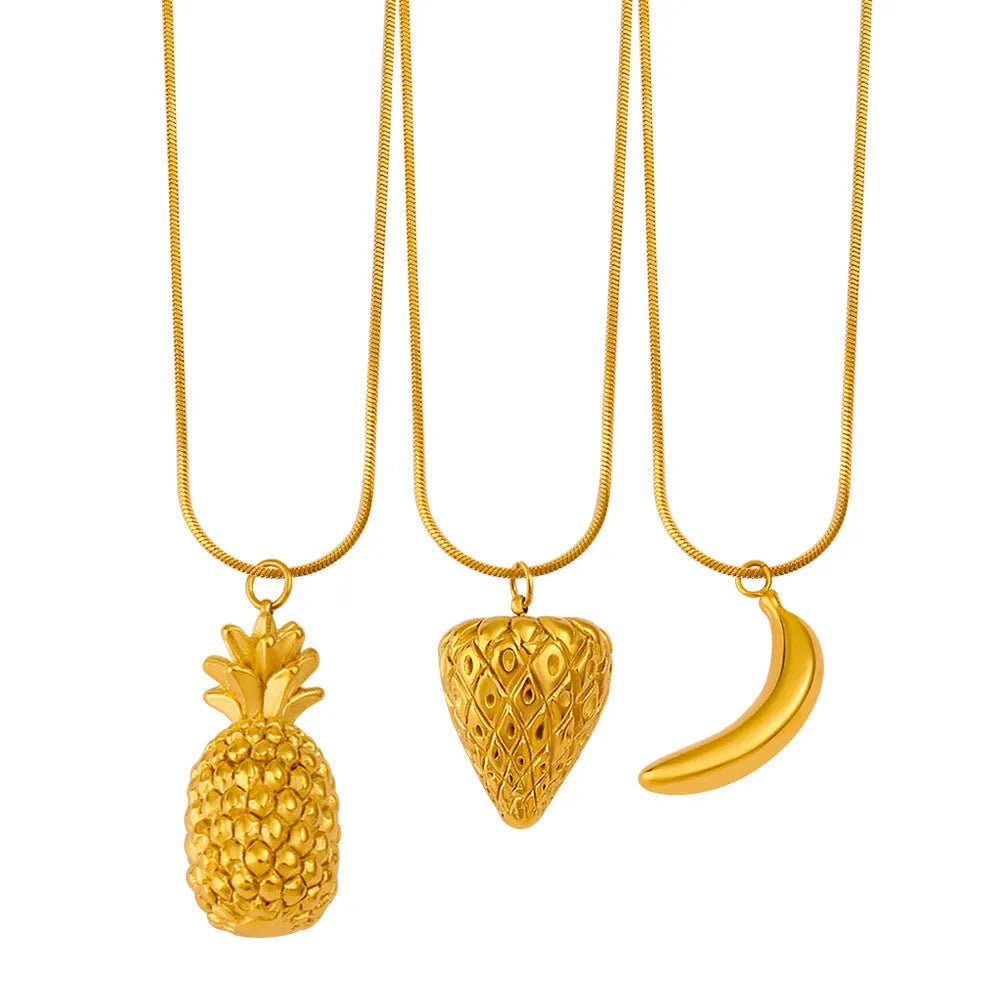 Stainless steel necklace with a choice of apple, grape, watermelon, pineapple, strawberry, or banana fruit pendant.
