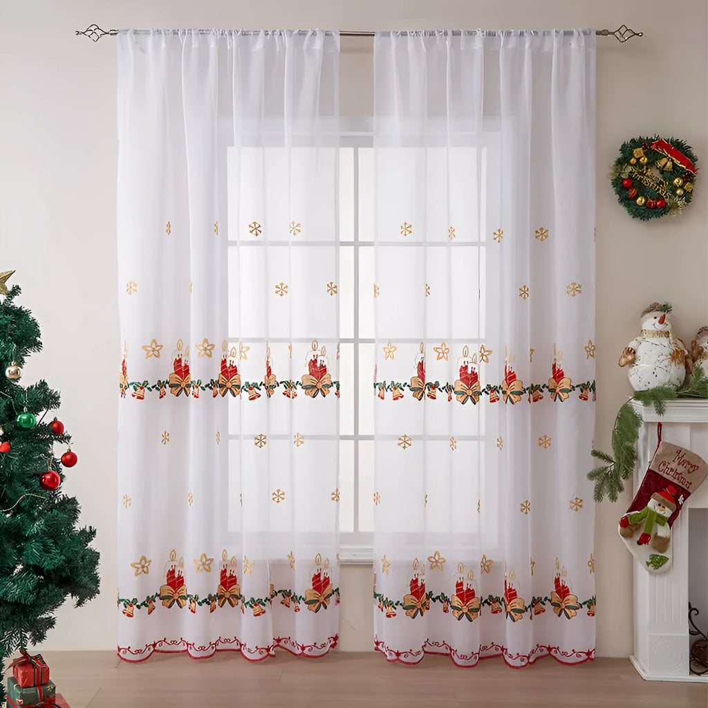 American Christmas curtain with white snowflake embroidery on red fabric