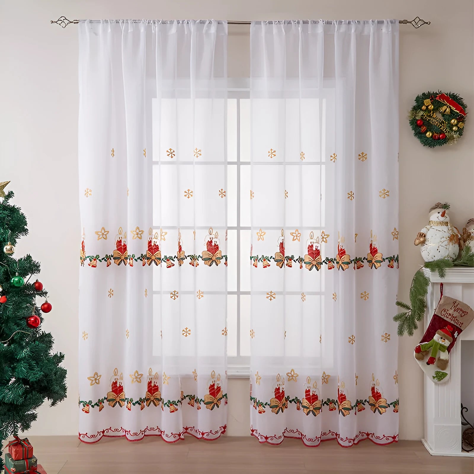 American Christmas curtain with white snowflake embroidery on red fabric