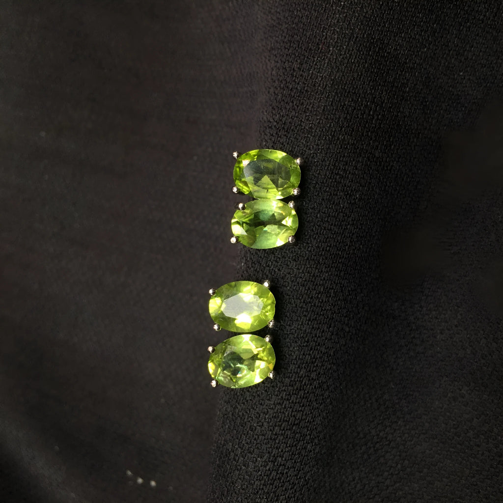 Natural grass green olivine stud earrings in S925 sterling silver geometric setting.