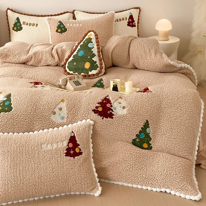 Bright yellow winter Christmas tree cartoon animation pattern on a fleece-lined four-piece bedding set.