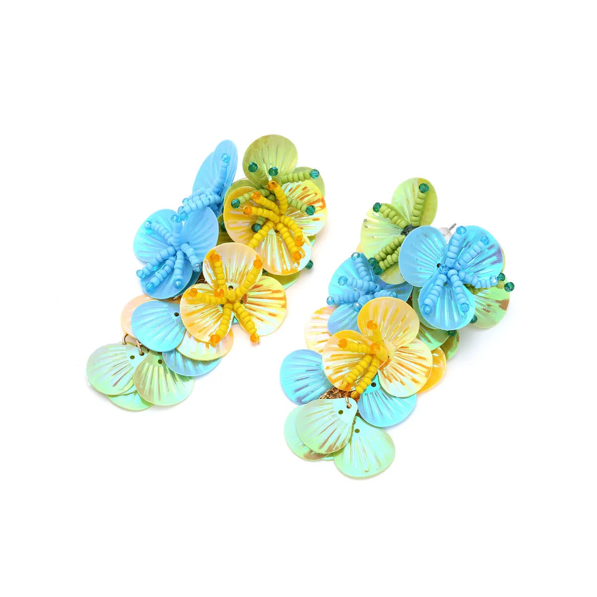 Handmade string bead flower earrings in purple, rose, and multicolour exaggerated designs