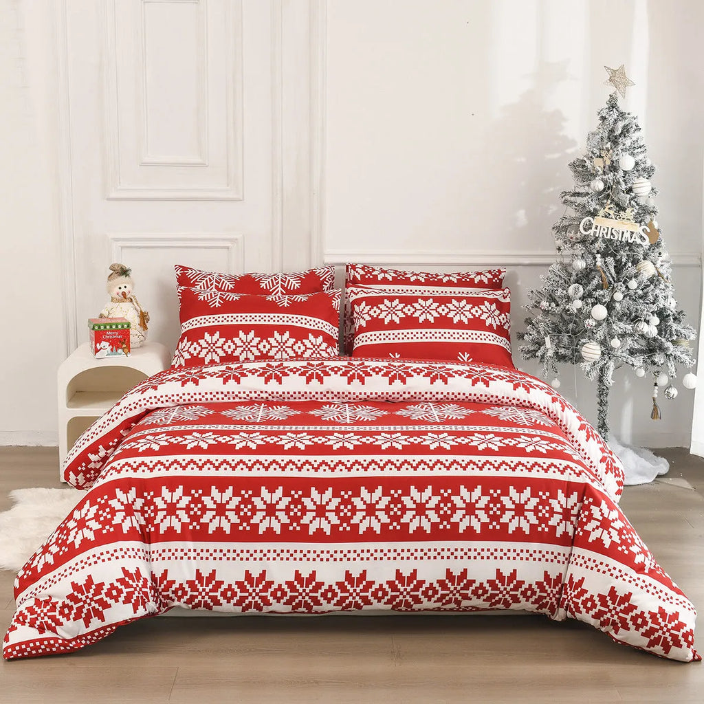 Red Christmas Love Song pattern bedding three-piece set with quilt cover and pillowcases on a bed.