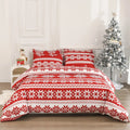 Red Christmas Love Song pattern bedding three-piece set with quilt cover and pillowcases on a bed.