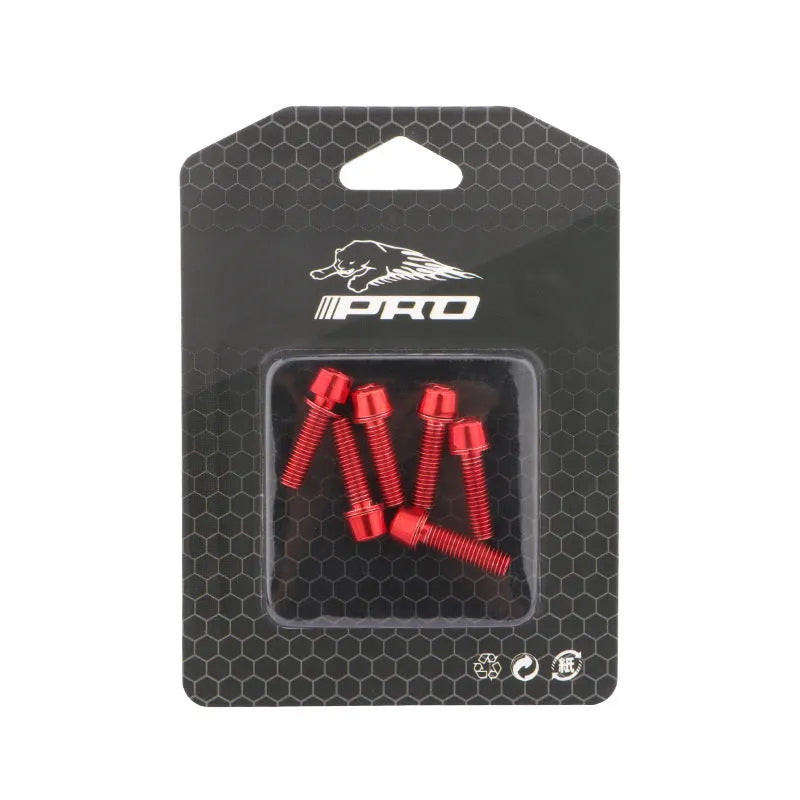 Set of six coloured stainless steel screws for mountain bike handlebar riser installation.