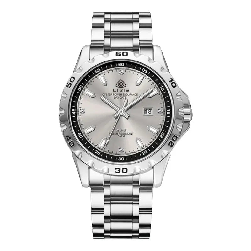 Silver men's business watch with stainless steel strap and luminous quartz movement