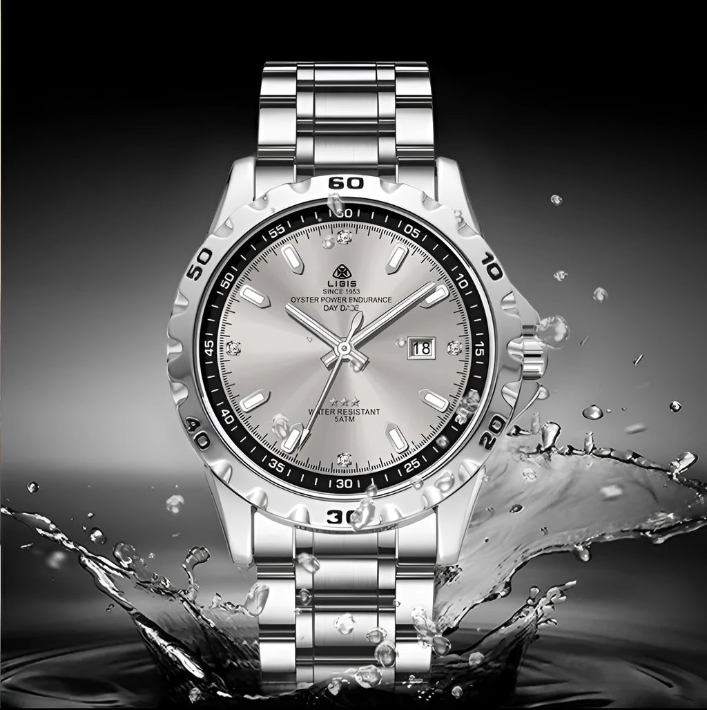 Silver men's business watch with stainless steel strap and luminous quartz movement