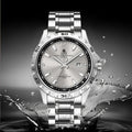 Silver men's business watch with stainless steel strap and luminous quartz movement