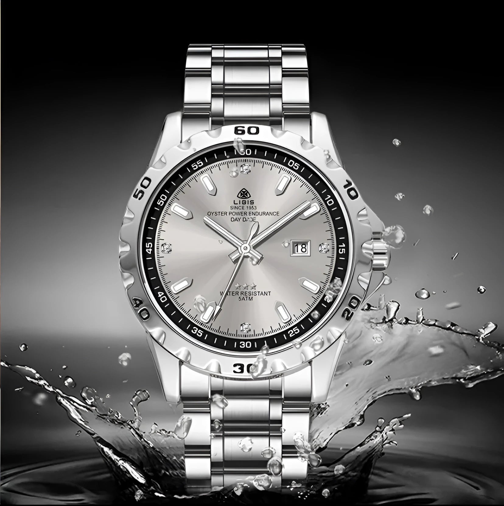 Silver men's business watch with stainless steel strap and luminous quartz movement