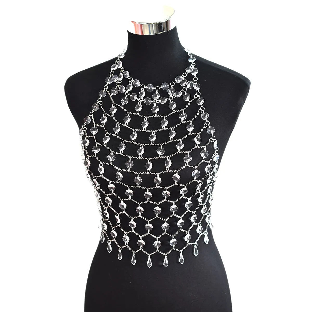 Hand-woven transparent acrylic sequinned plastic resin body chain draped flat.