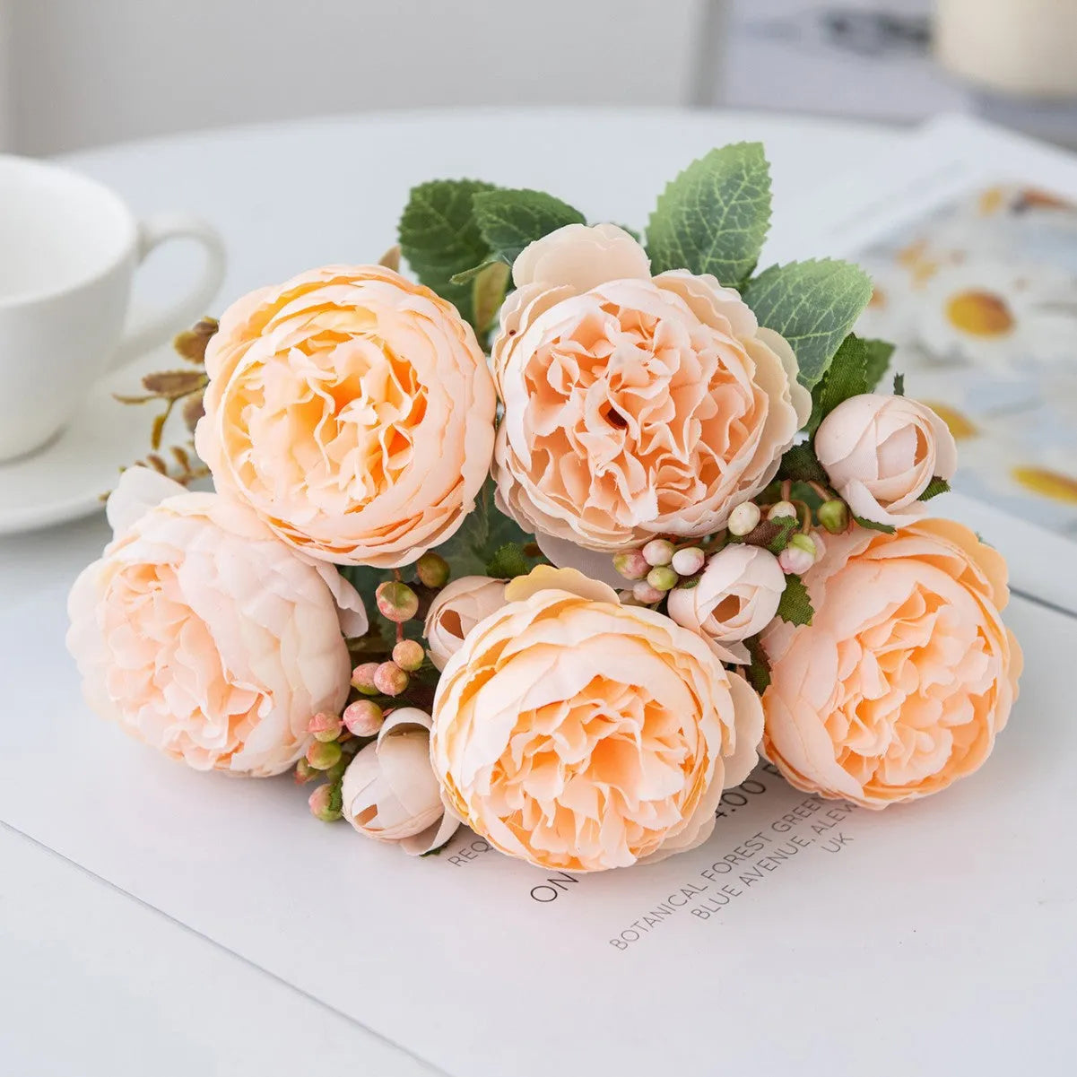 Artificial silk peony flower bouquet in champagne, pink, purple, sand red, or white for home and event decoration.