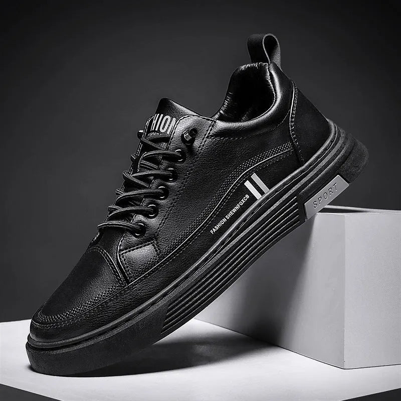 Men's white skate shoes with elastic band closure and low-top design showing stitching details