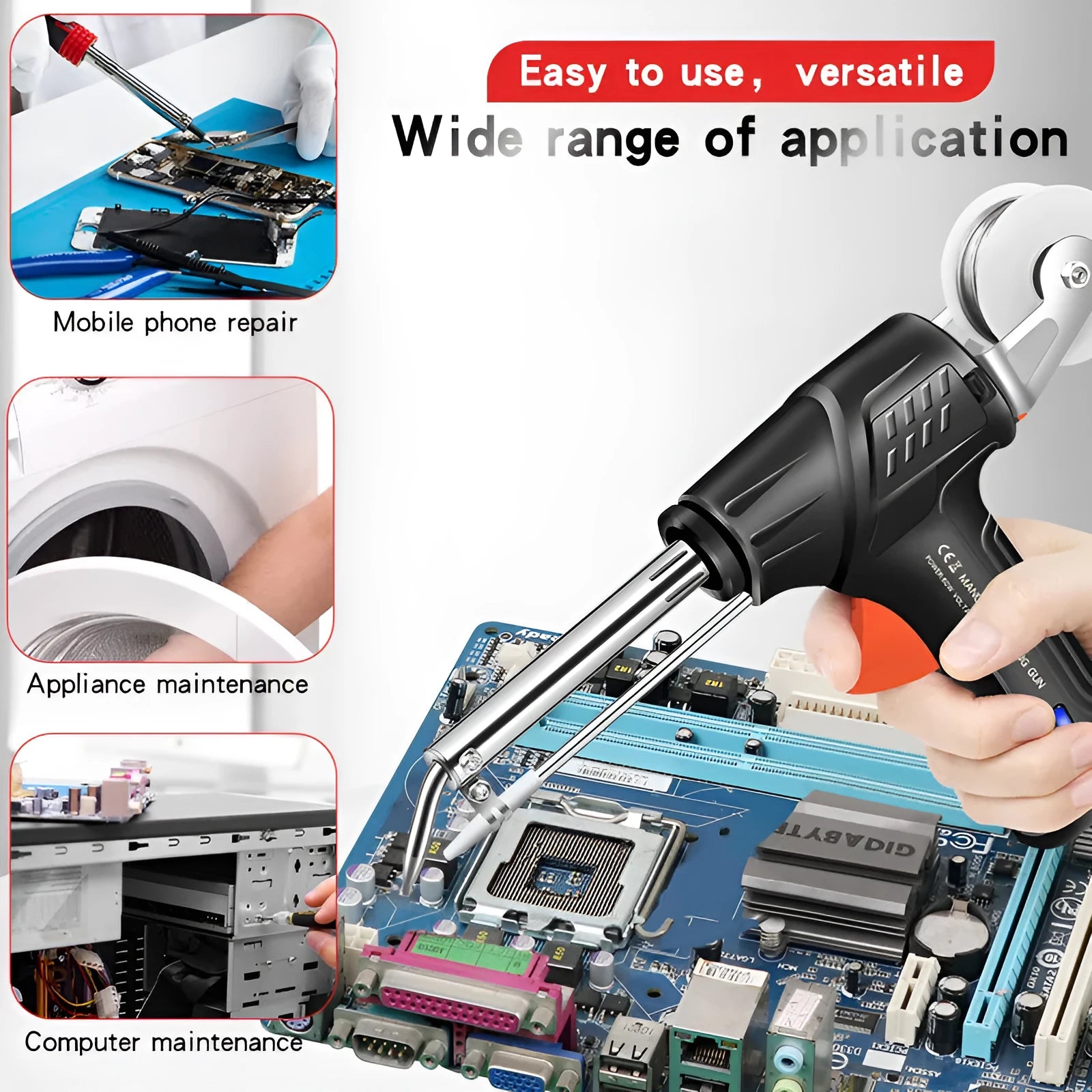 Black alloy soldering gun with light, part of a five piece set, shown with CN, EU, and US specification options.