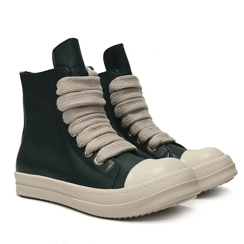 Genuine leather high-top sneakers with side zipper in black, shown on a white background.
