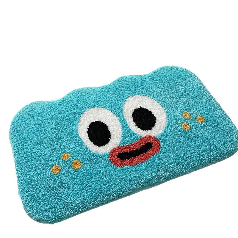Colourful Big Eye Clouds cartoon character printed on a soft, plush light green bathroom mat.