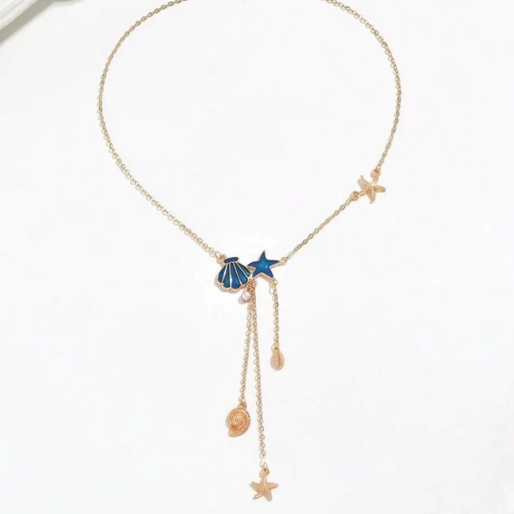 Simple starfish and shell pendant necklace for women, mixed gem inlay, alloy, ABS pearl, dripping oil, O-ring chain