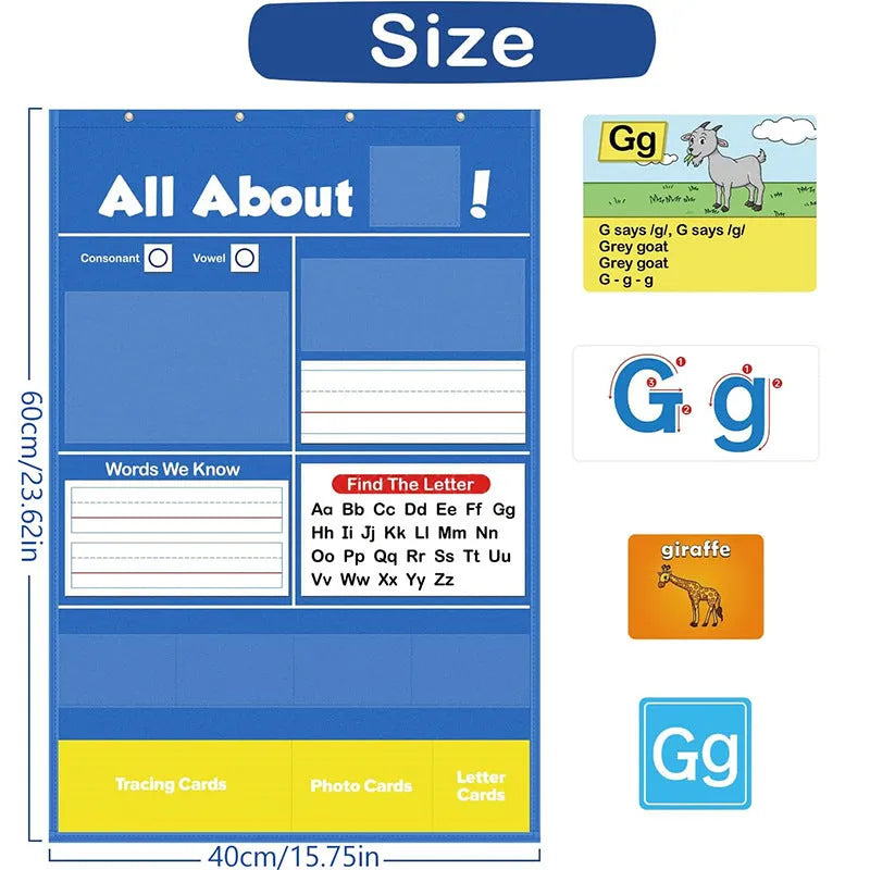 Large fabric alphabet learning chart with sets of educational word cards, letter cards, and picture cards arranged around it.