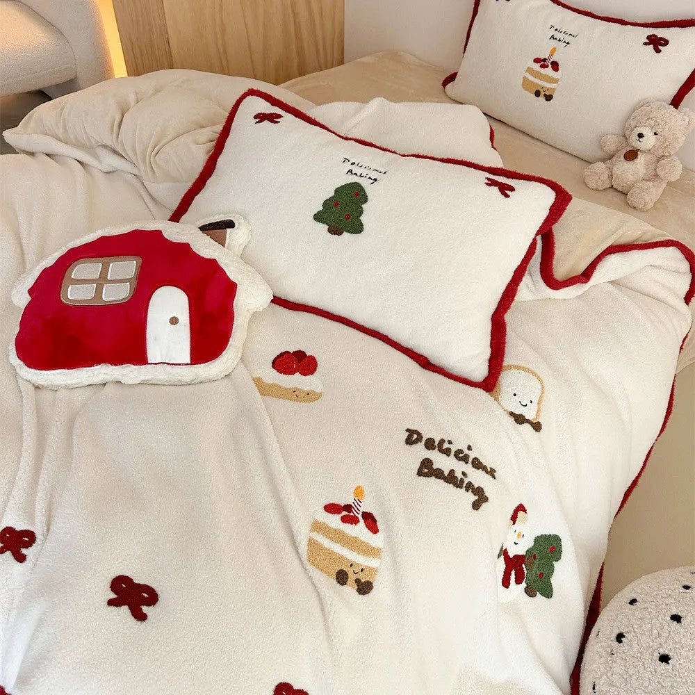 Girl's winter Christmas cartoon pattern bedding four-piece set showing duvet cover, sheet, and pillowcases