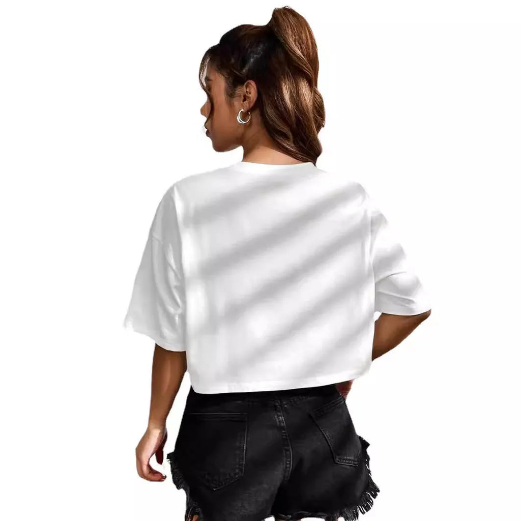 Loose fit cotton t-shirt with large printed English letters on the front in a casual style.