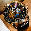 Men's black and rose gold automatic skeleton watch on a leather strap