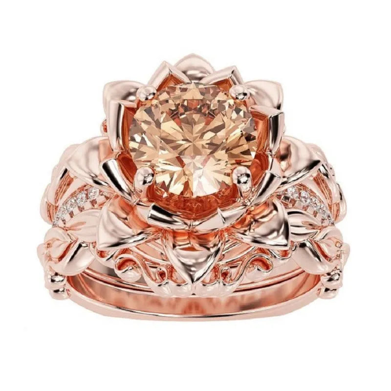 Geometric flower design women's ring with rose inlaid zircon in choice of rose gold, black pink diamond, or multi-colour rhinestone finish.