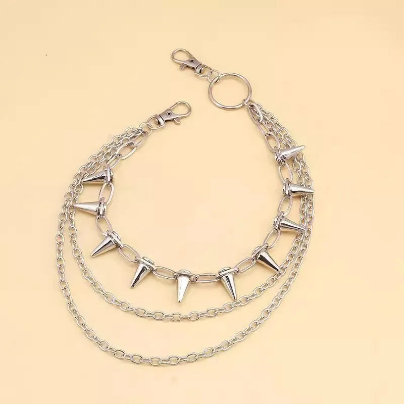 Silver metal punk pants chain with double layer rivet design measuring 115 cm